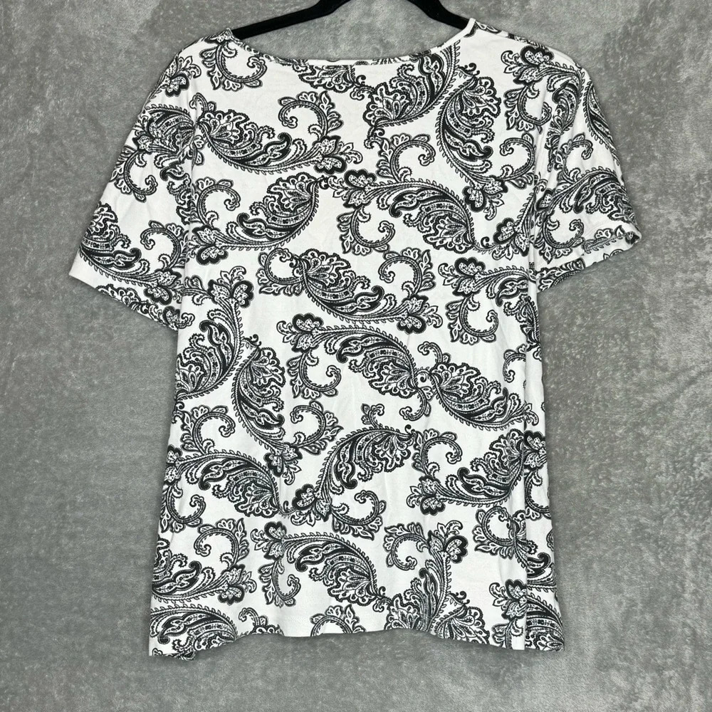 Croft & Barrow 2X Shirt Top Black White Paisley Short Sleeve Round Neck Cotton - Picture 4 of 7